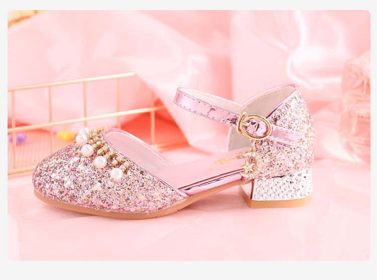 儿童高跟鞋5岁小女孩6礼服8走秀7公主水晶鞋女童银色学生表演皮鞋 a23