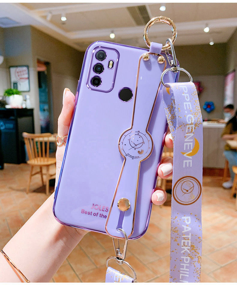 oppoa32手机壳女oppoa32腕带硅胶保护套opqo软斜挎挂绳电镀a32樱花粉