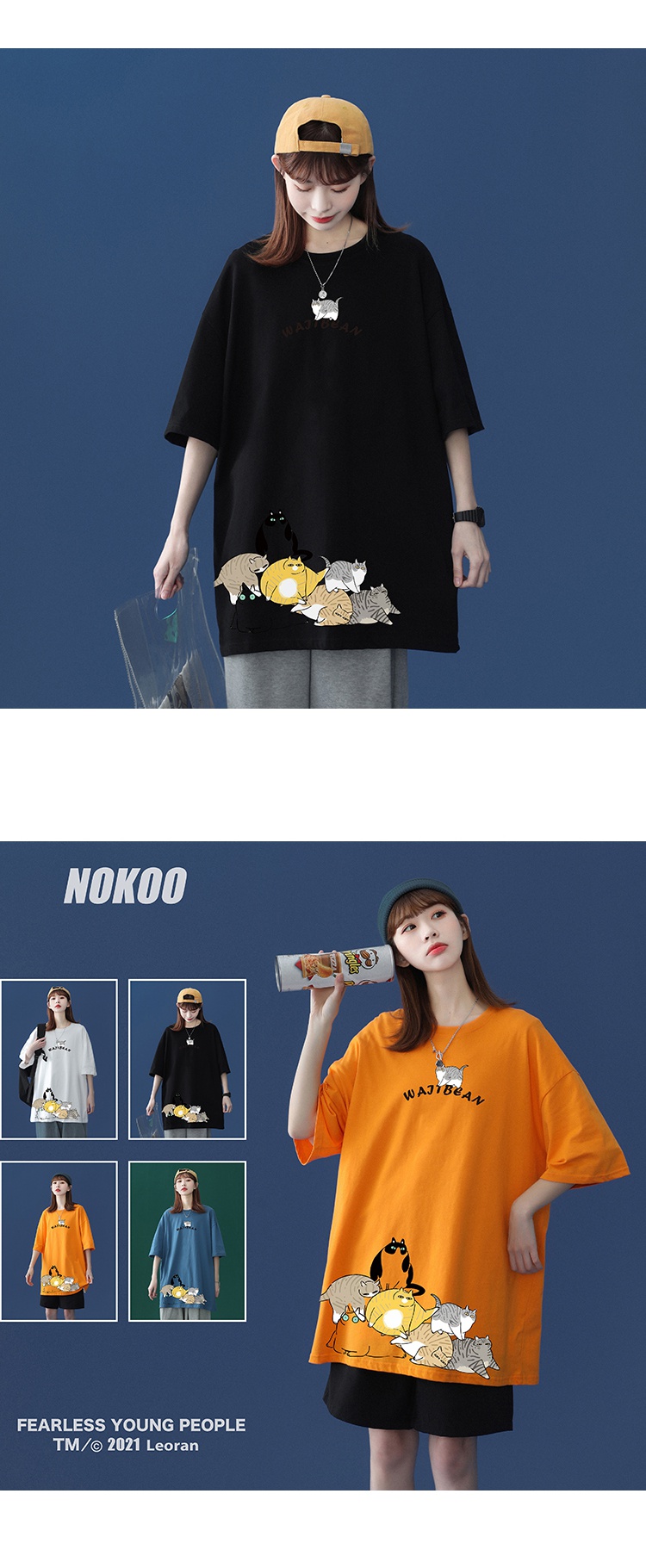 rosuya2021夏季新款纯棉港风短袖t恤猫咪图案印花宽松t恤