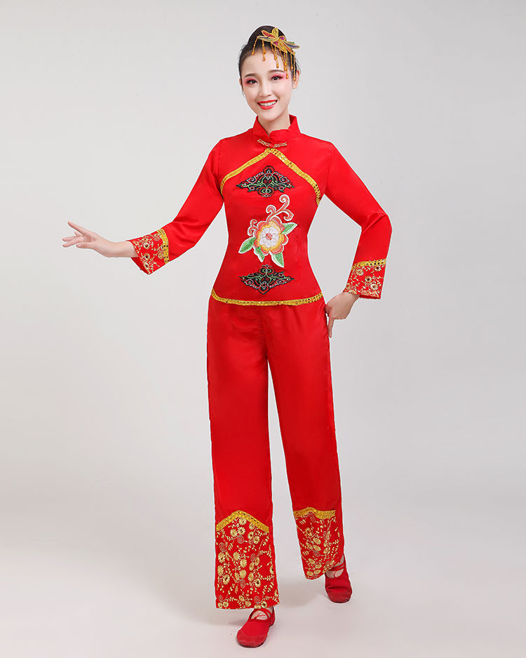 中老年秧歌服演出服2019新款东北扭秧歌服女喜庆民族广场舞服套装红色