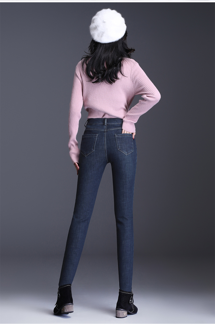 欧乐鑫女士牛仔裤 欧乐鑫高腰加绒牛仔裤女2019新款秋冬直筒加厚长裤