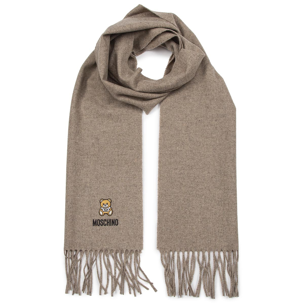 moschino莫斯奇诺新款黑色羊毛刺绣泰迪熊徽标男女同款流苏围巾