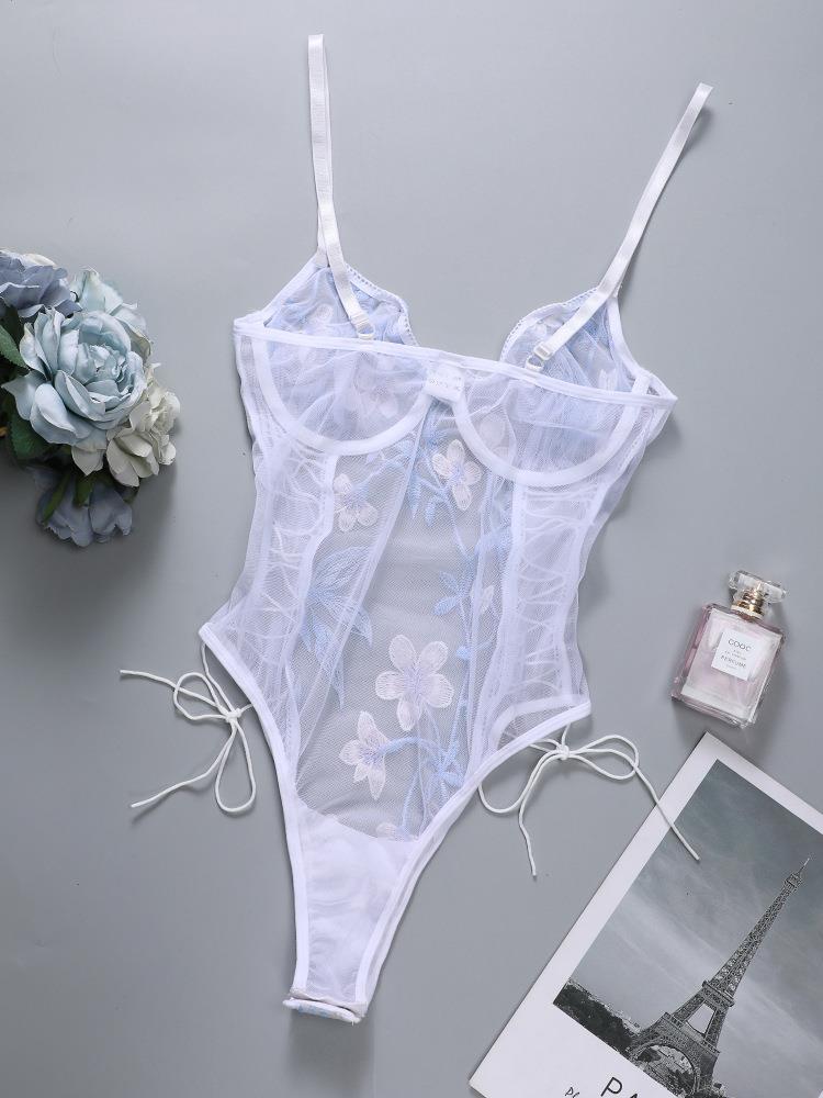 白色s刺绣花边开档连体衣伪娘睡衣女装大佬蕾丝绑带cd变装男士吊带
