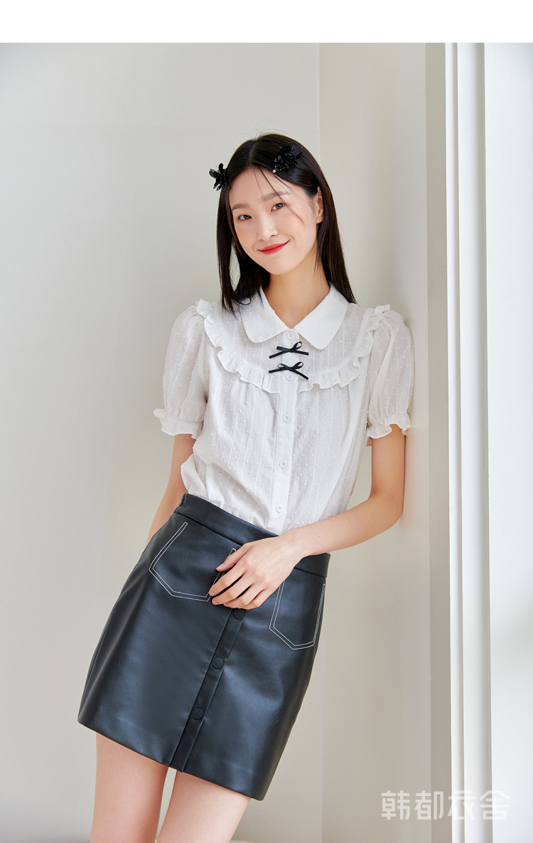 韩都衣舍娃娃领白衬衫女2021夏新款法式甜美仙女蝴蝶结泡泡袖上衣
