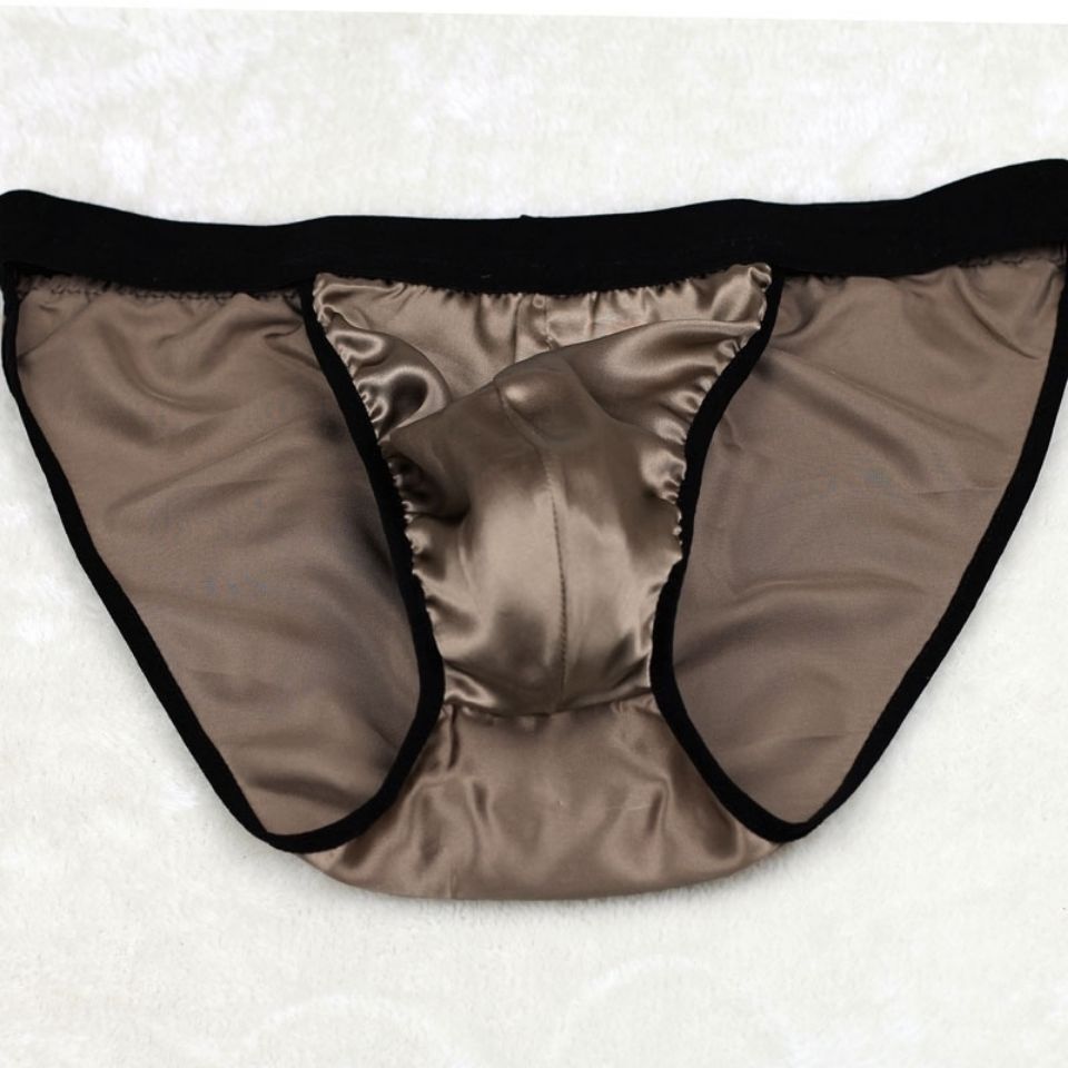 男士真丝内裤三角内裤时尚舒适u凸内裤高叉三角裤透气吸汗丁字裤黑色l