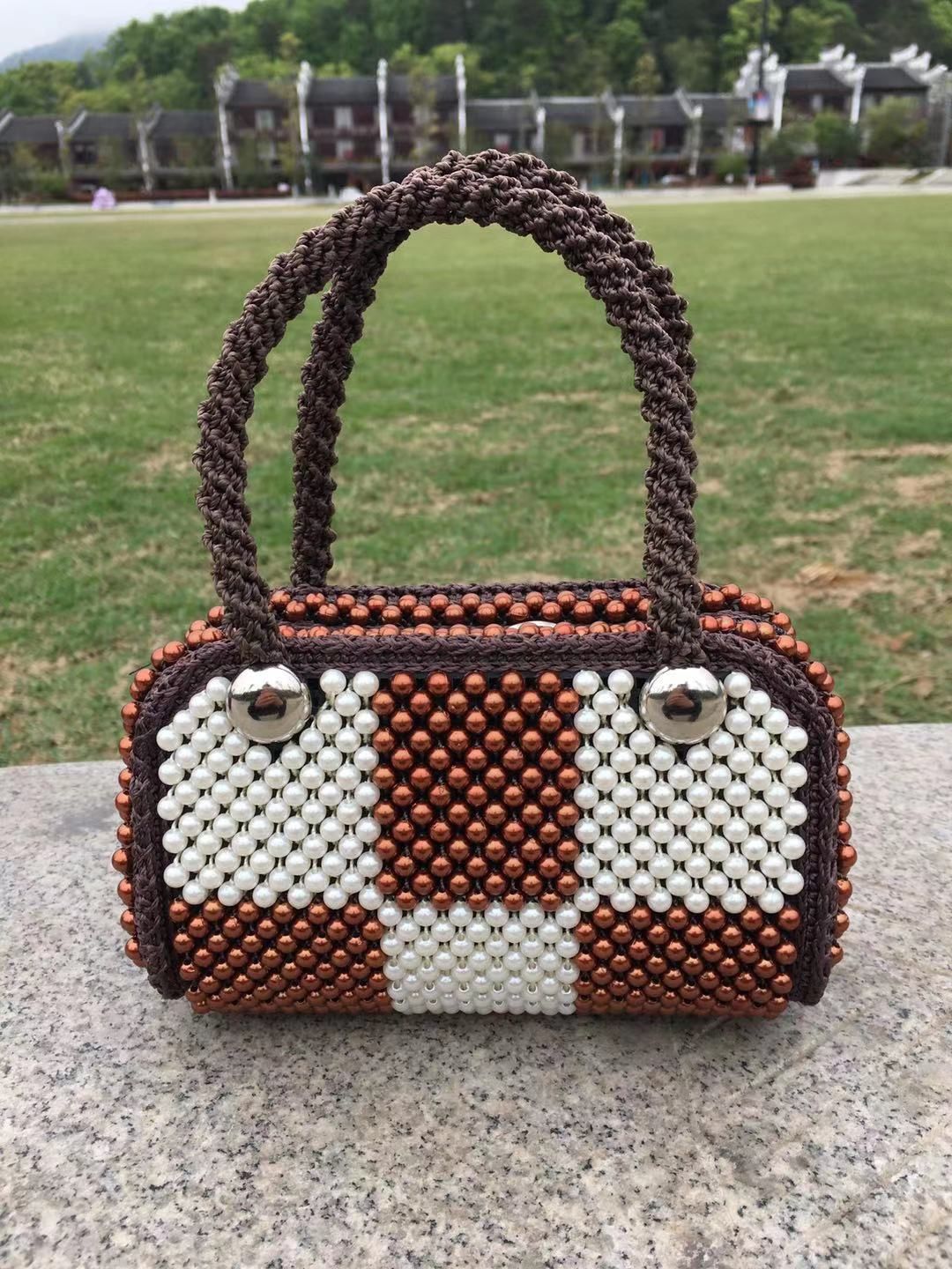成品包包串珠手工成品手提妈咪包女包手提包单肩斜挎珠子包珍珠包粉