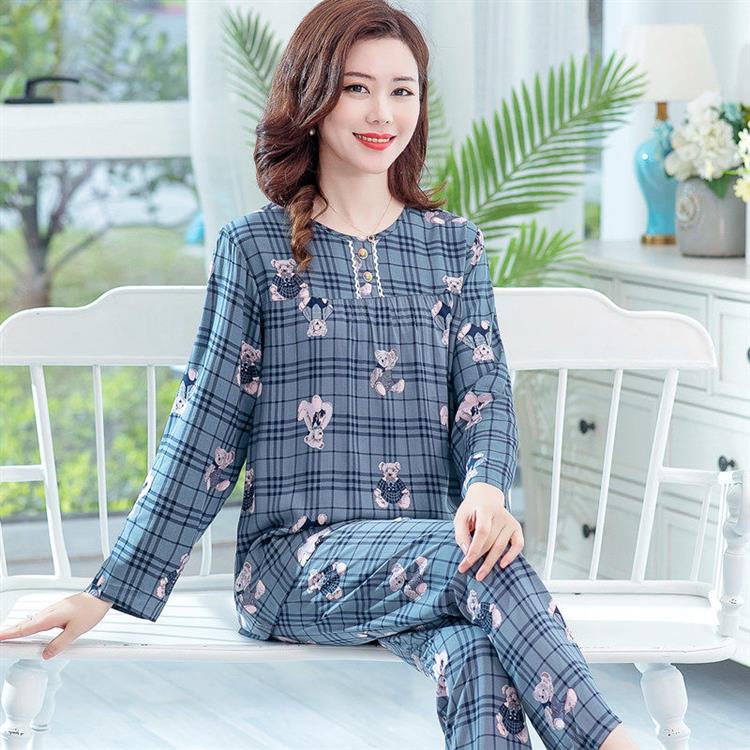新品春季夏天薄款棉绸女士长袖睡衣套装人造棉透气中青年家居服
