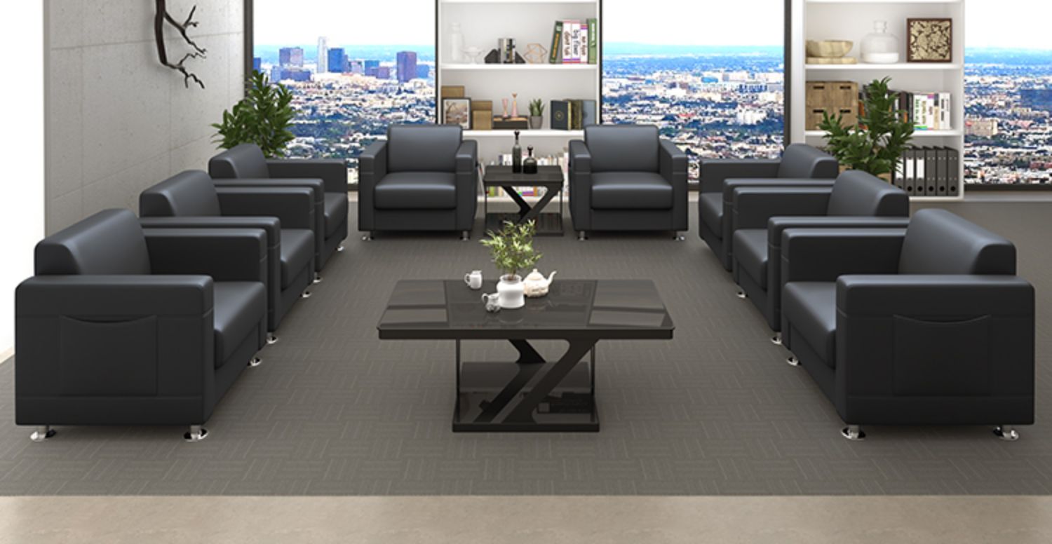 杞沐商务办公室洽谈区沙发茶几组合三人位简约现代接待室黑色皮艺沙发