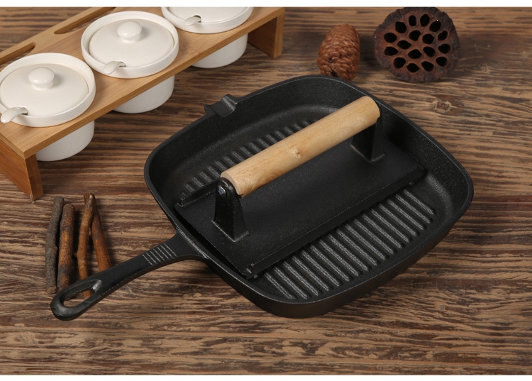 家用铸铁煎牛排用锅煎肉锅平底锅条纹加厚方形烤盘24cm牛排锅送工具三