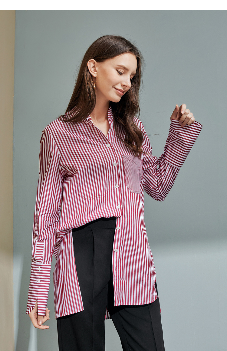 艾莱依2019秋新款简约立领条纹衬衫前短后长短款上衣女