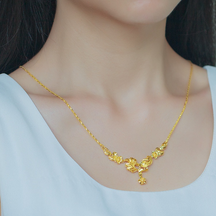 镀金项链蛇骨颈链女不色镀金越南沙金首饰锁骨链花吊坠送戒指
