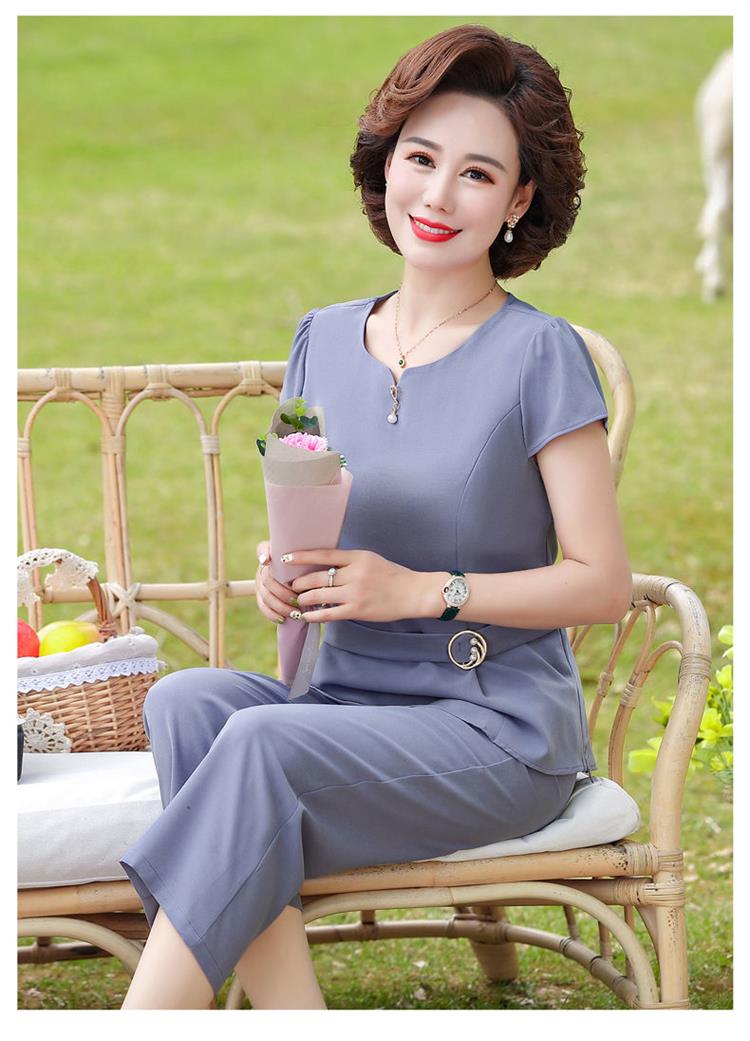 中年妈妈夏装短袖时尚休闲两件套40岁50中老年女装夏季修身套装