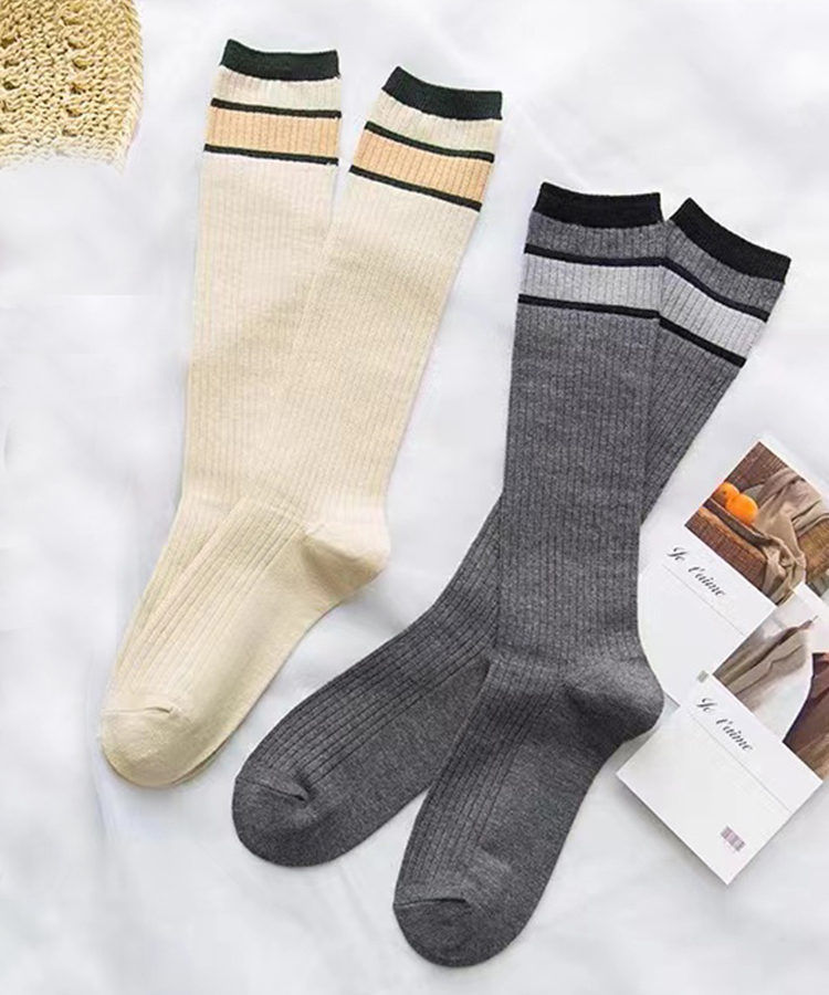 ideamini袜子 ideamini米色学院风少女小腿袜春夏jk条纹撞色中筒袜显