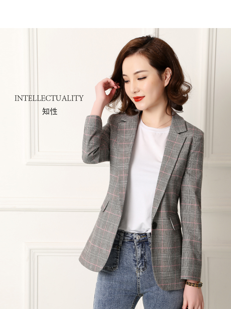 bebeeru格子西装外套女2019春秋新款通勤韩版修身中长款女士小西服