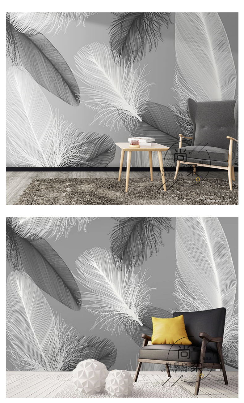 北欧羽毛电视背景墙壁纸客厅3d立体壁画沙发墙墙纸定制无纺布墙布