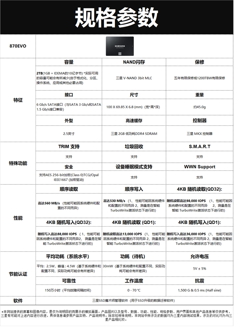 【三星(samsung)固态硬盘mz-77e2t0bw】 三星(samsung) 870 evo 2t