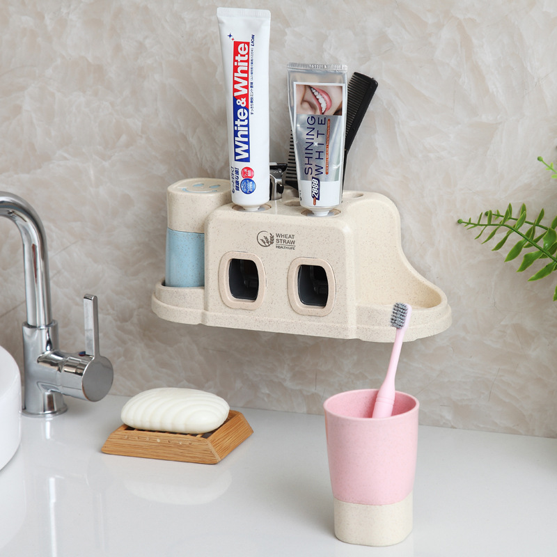 添晴浴室用品 手动挤牙膏神器家用卫生间壁挂式牙刷置物架情侣免打孔