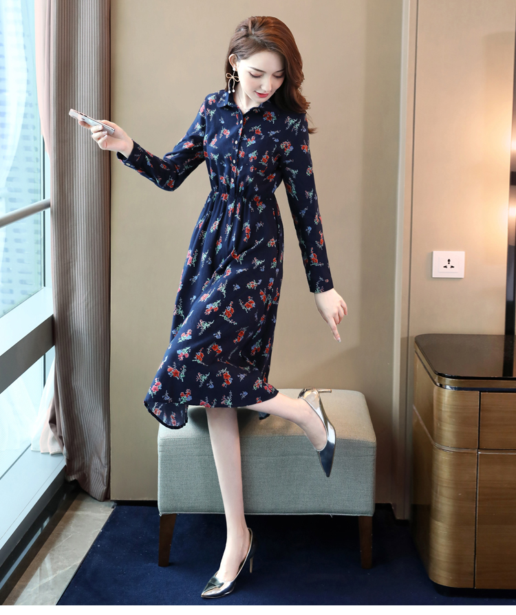 丝柏舍2019秋季翻领印花收腰显瘦中长款长袖连衣裙s93b4184l