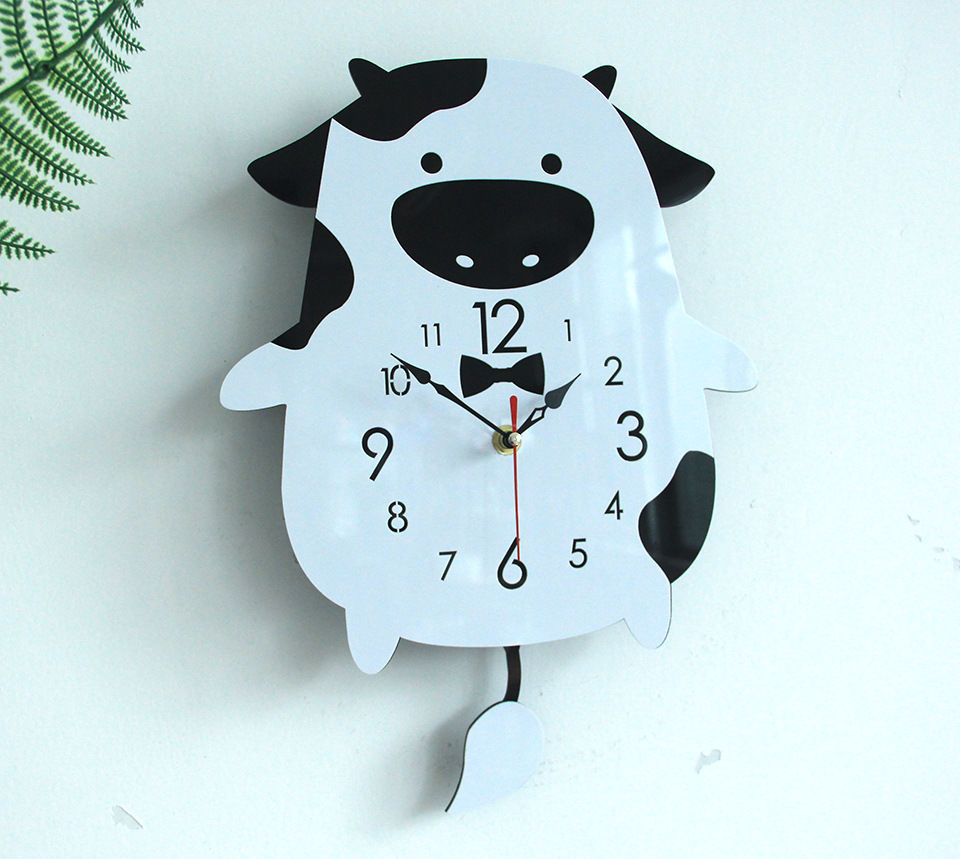 儿童卡通萌宠摇摆挂钟现代家居装饰钟表创意动物奶牛钟摆时钟黑奶牛