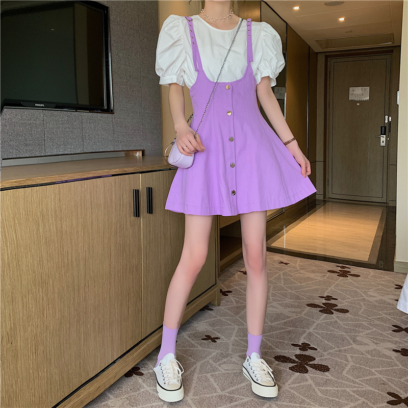 裙子2020年新款夏天收腰显瘦小个子百搭减龄洋气紫色牛仔背带裙