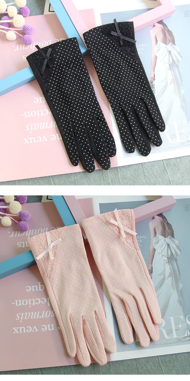 开车防晒手套女夏季纯棉触屏薄款透气防滑短款骑行护手白手套春天