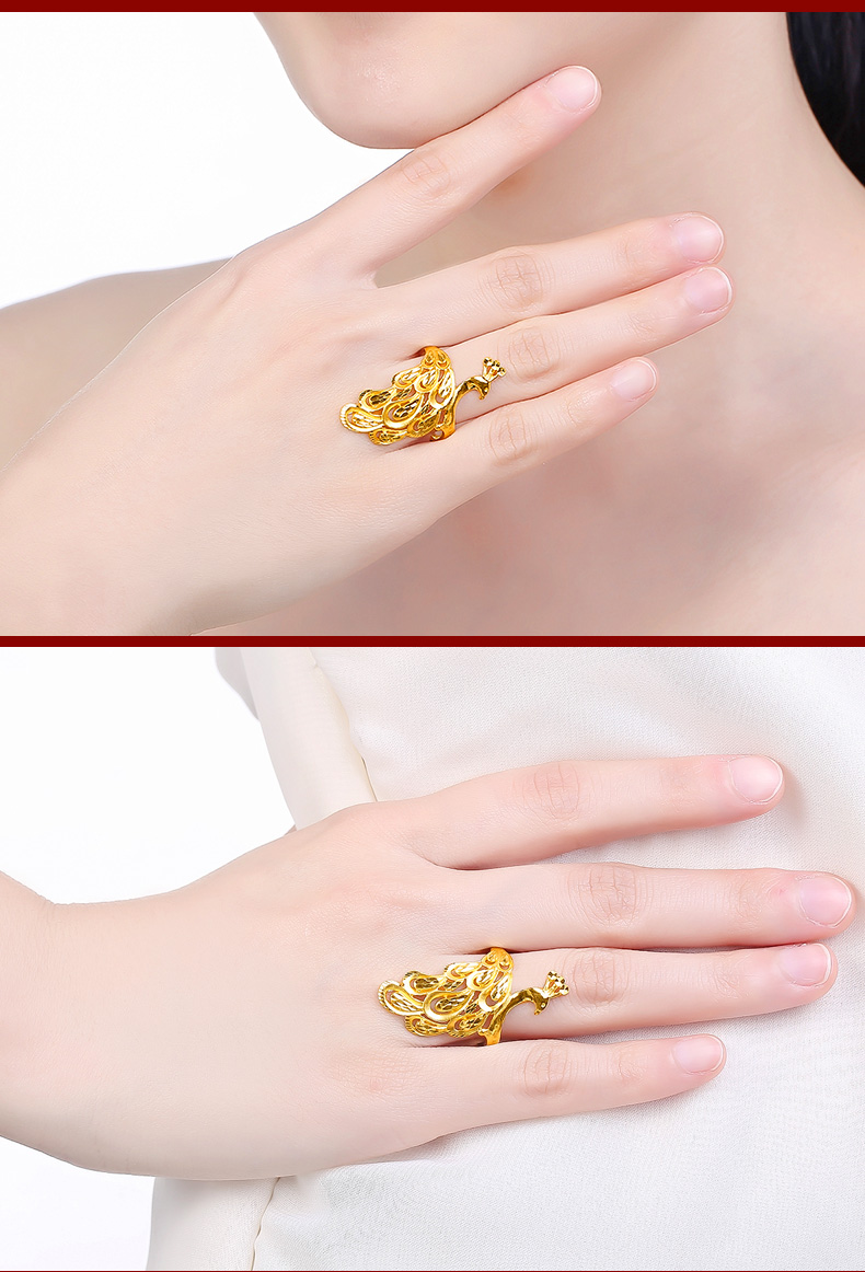 梦金园黄金戒指女足金9999孔雀护指婚嫁凤尾仙凤魅影活口戒子