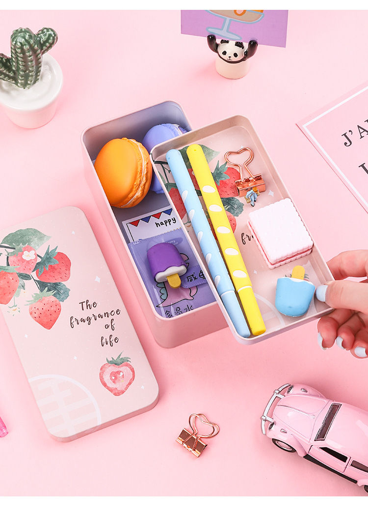 韩版创意带锁双层铁文具盒储物收纳盒男女中小学生清新时尚铅笔盒学霸