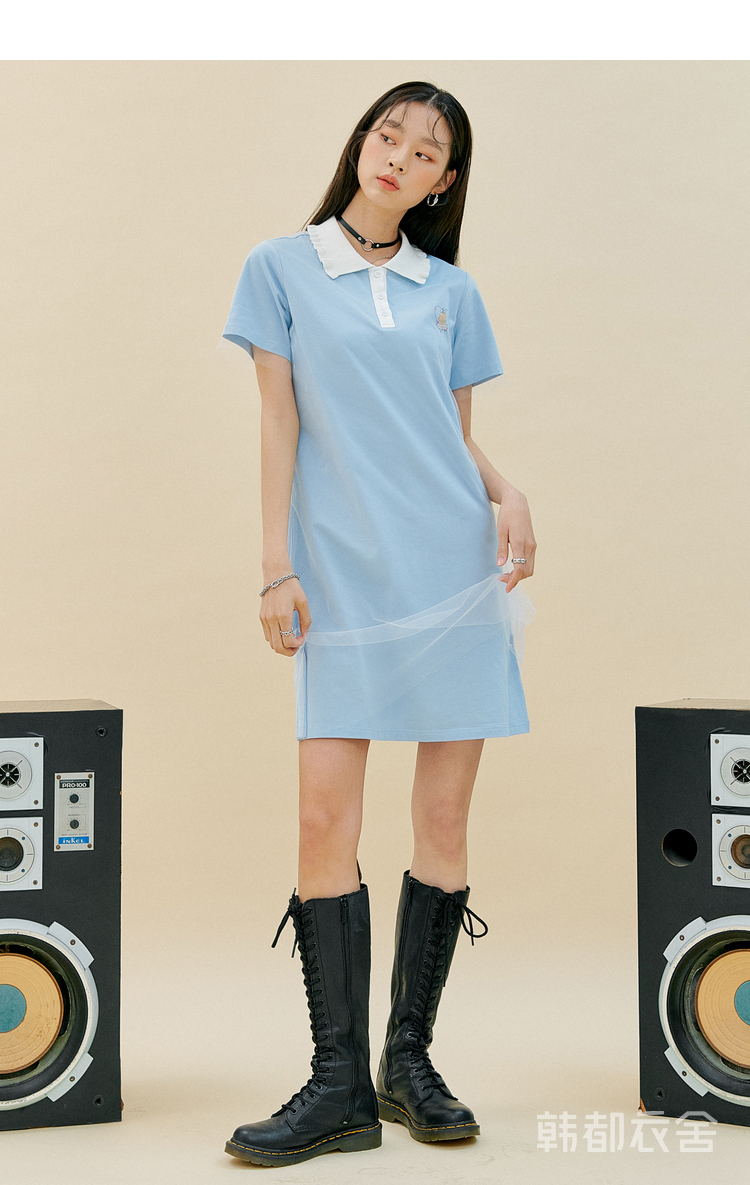 韩都衣舍花边polo领连衣裙2021夏季新款卡通刺绣薄纱裙子女oe0012