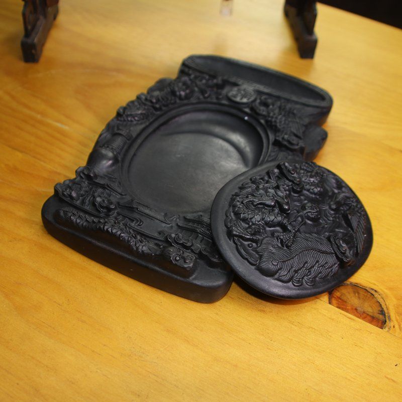 8寸文房四宝精品初学者研墨砚台带盖象耳古砚大号双墨池放水放墨