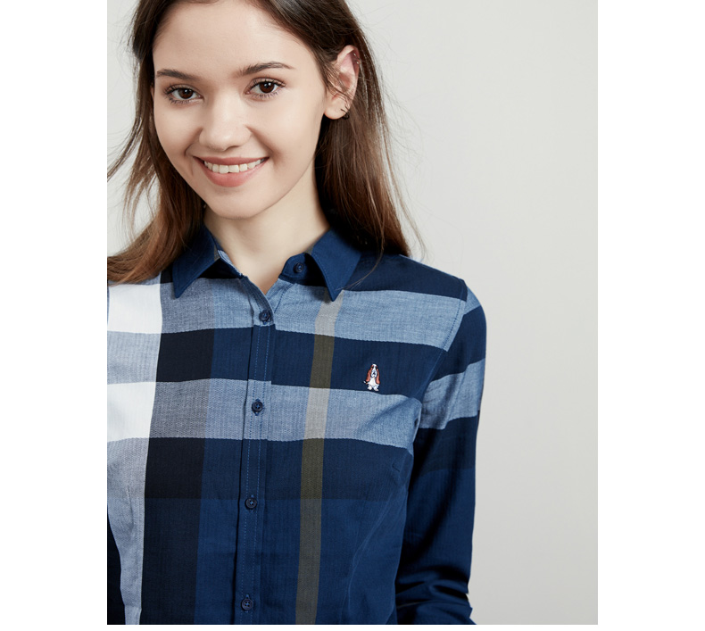 hushpuppies暇步士女装春季新款纯棉格子长袖女士衬衫ha18501d