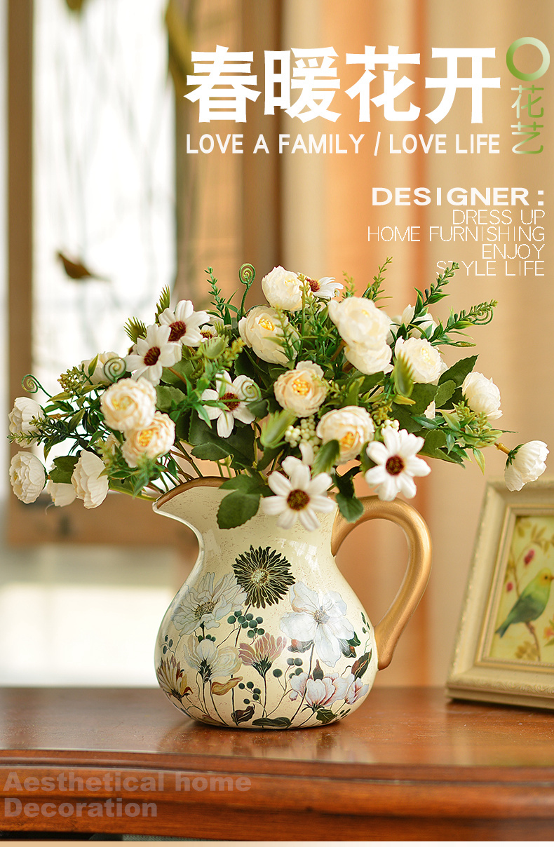 美式乡村陶瓷客厅花瓶欧式电视柜装饰件仿真花艺干花插花器