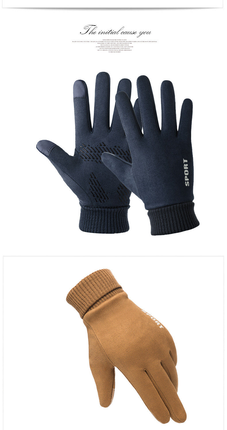 2019麂皮绒手套男冬季保暖户外骑行跑步开车防滑棉漏二指全指触屏手套