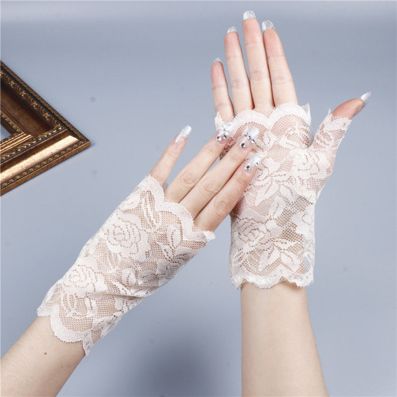 黑色夏季蕾丝手套女薄款短露半指弹力性感黑色网纱半截无指开车防晒秋