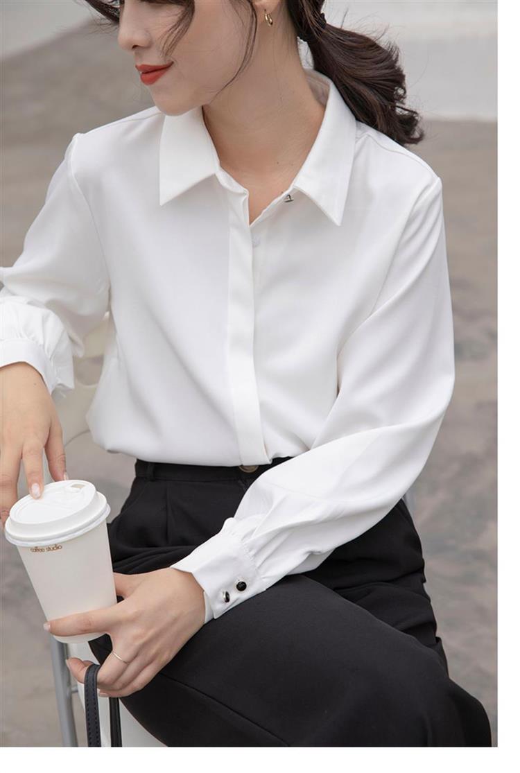 白色长袖衬衫职业正装大学生面试法式锁骨上衣秋心机扣气质衬衣女
