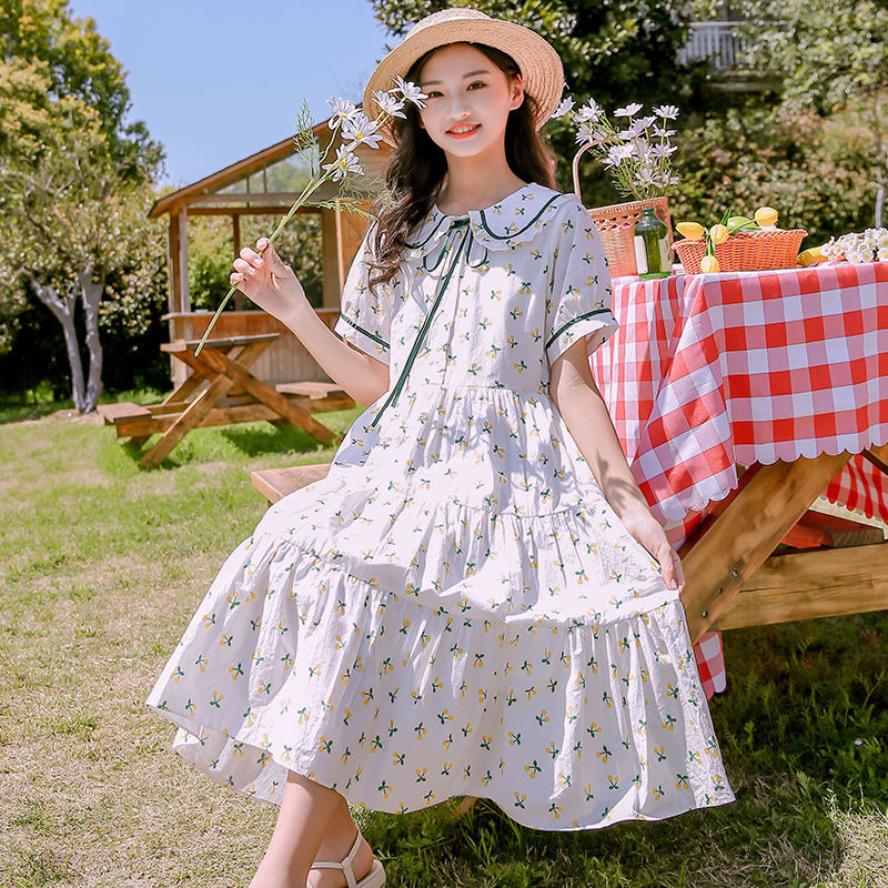 《少女连衣裙2021夏季学院风小清新初高中学生娃娃领中长款过膝盖裙