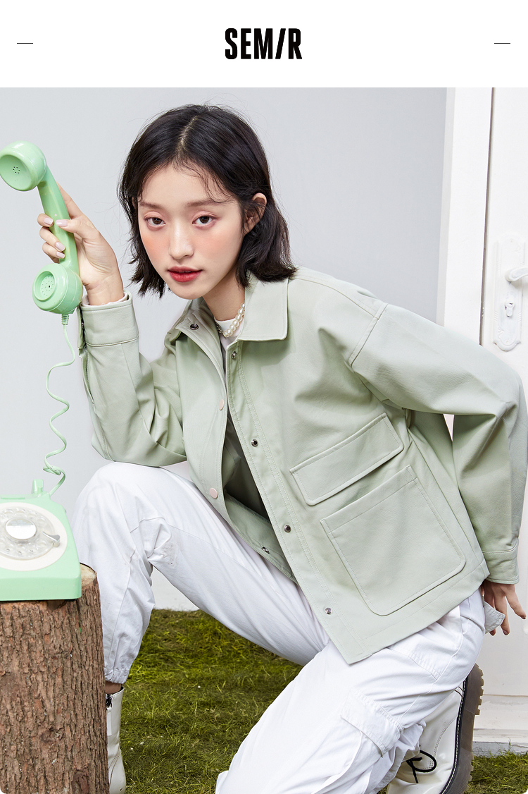 semir森马2021春季新款pu翻领马卡龙净色短款甜酷潮流外套女
