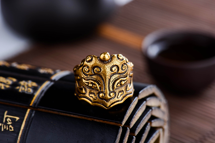 原创个性潮人男女开口指环中国复古风神兽饕餮纹纯铜貔貅食指戒指