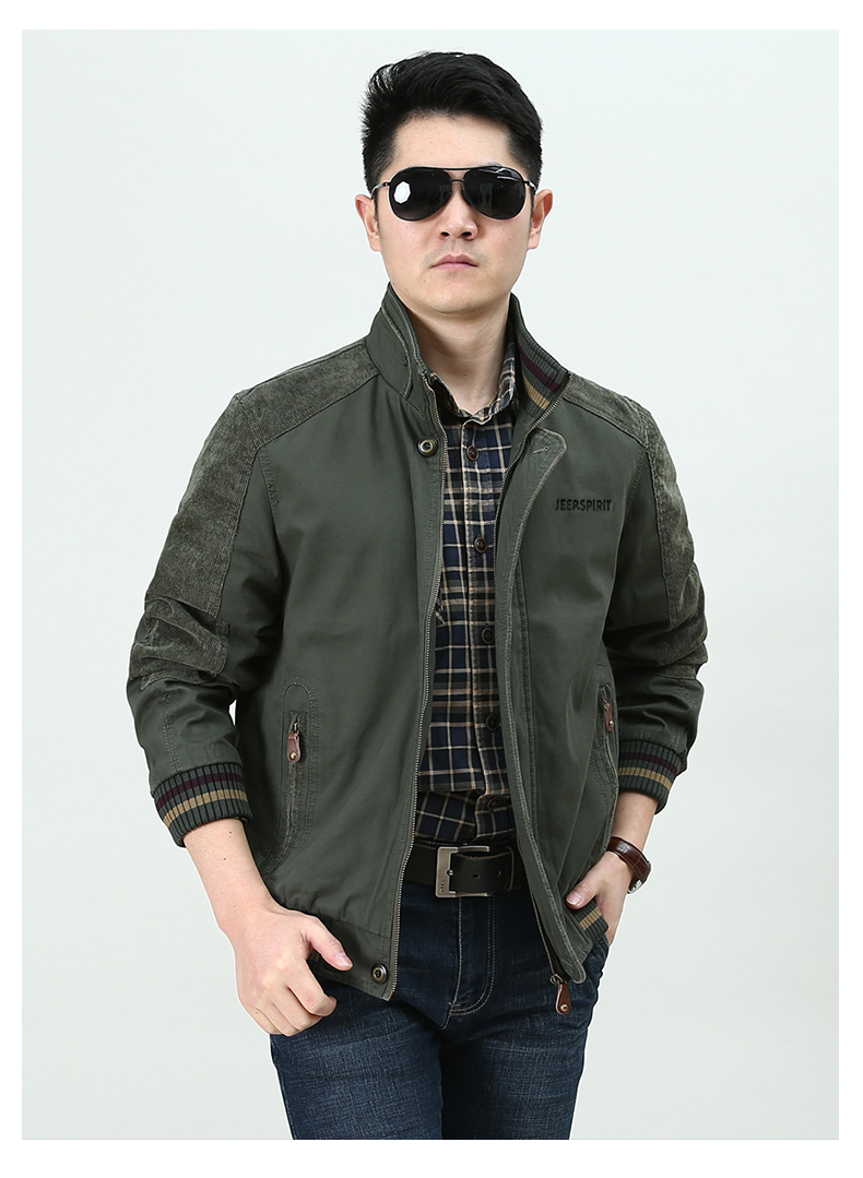 吉普jeep纯棉夹克男春秋冬水洗工装外套简约休闲立领上衣茄克衫