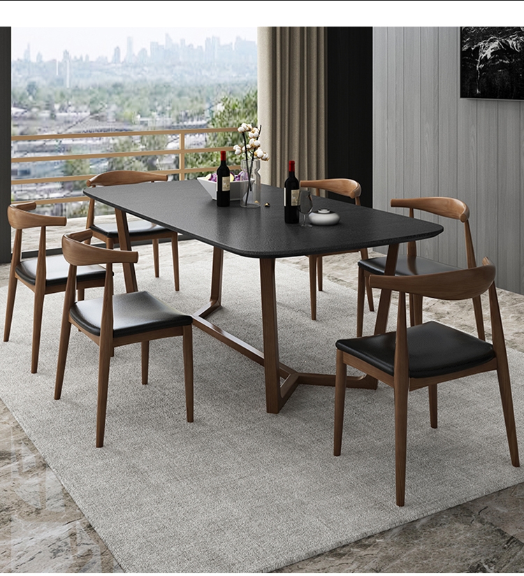 火烧石餐桌火山石餐桌黑色大理石符象餐桌椅饭桌家用小户型现代简约