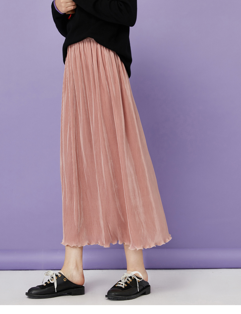 初语半身裙长款2020秋新款设计感女小众复古木耳边丝绒垂感百褶裙