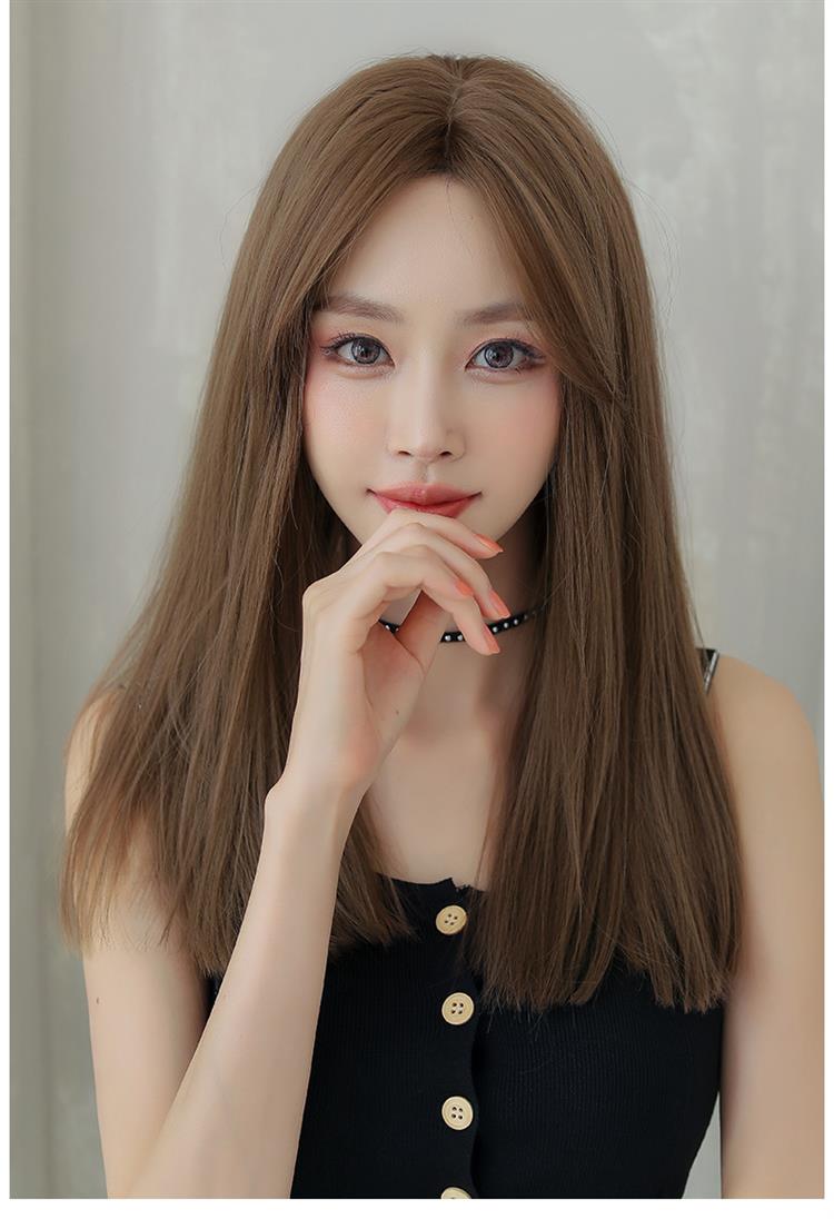 韩版时尚中分刘海假发女长发自然修颜锁骨直发假发头套冷棕色50cm