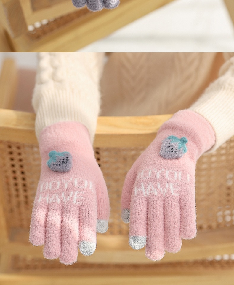 聚范加绒冬天女生保暖可爱冬全指韩版骑车半指加厚可触屏笑脸手套