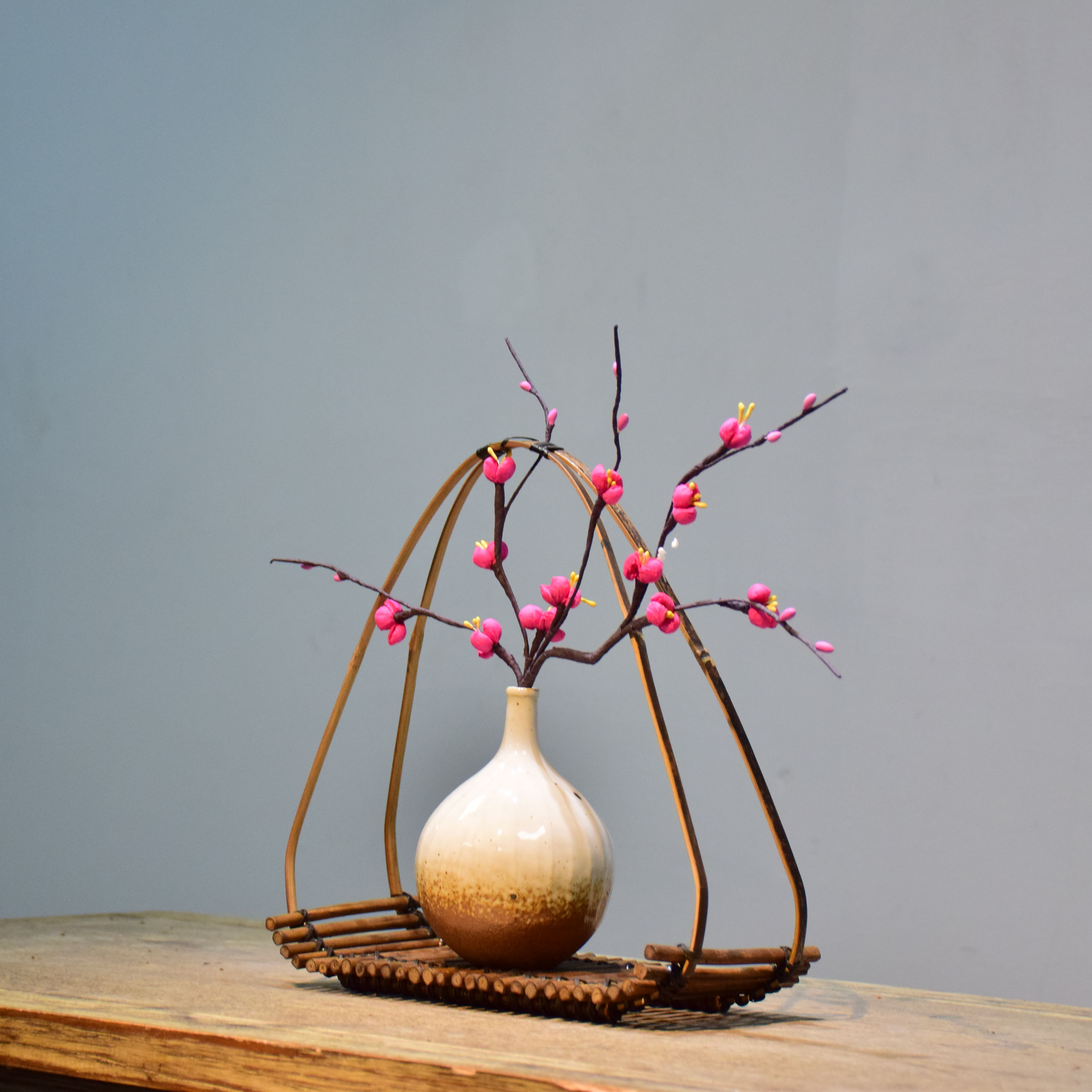 新中式文艺陶瓷复古花瓶竹编插花客厅酒店玄关家居装饰品禅意摆件三维