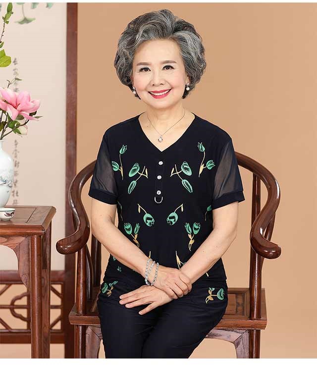 中老年女装夏装短袖套装妈妈装60岁老年人奶奶装上衣裤子两件套