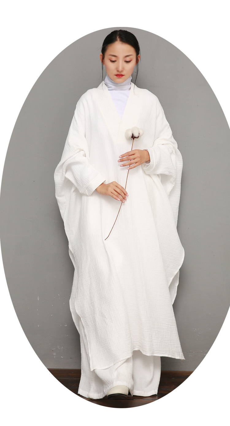 禅舞服装女白色套装中国风复古棉麻禅意宽松禅修服亚麻袍子连衣裙 艳