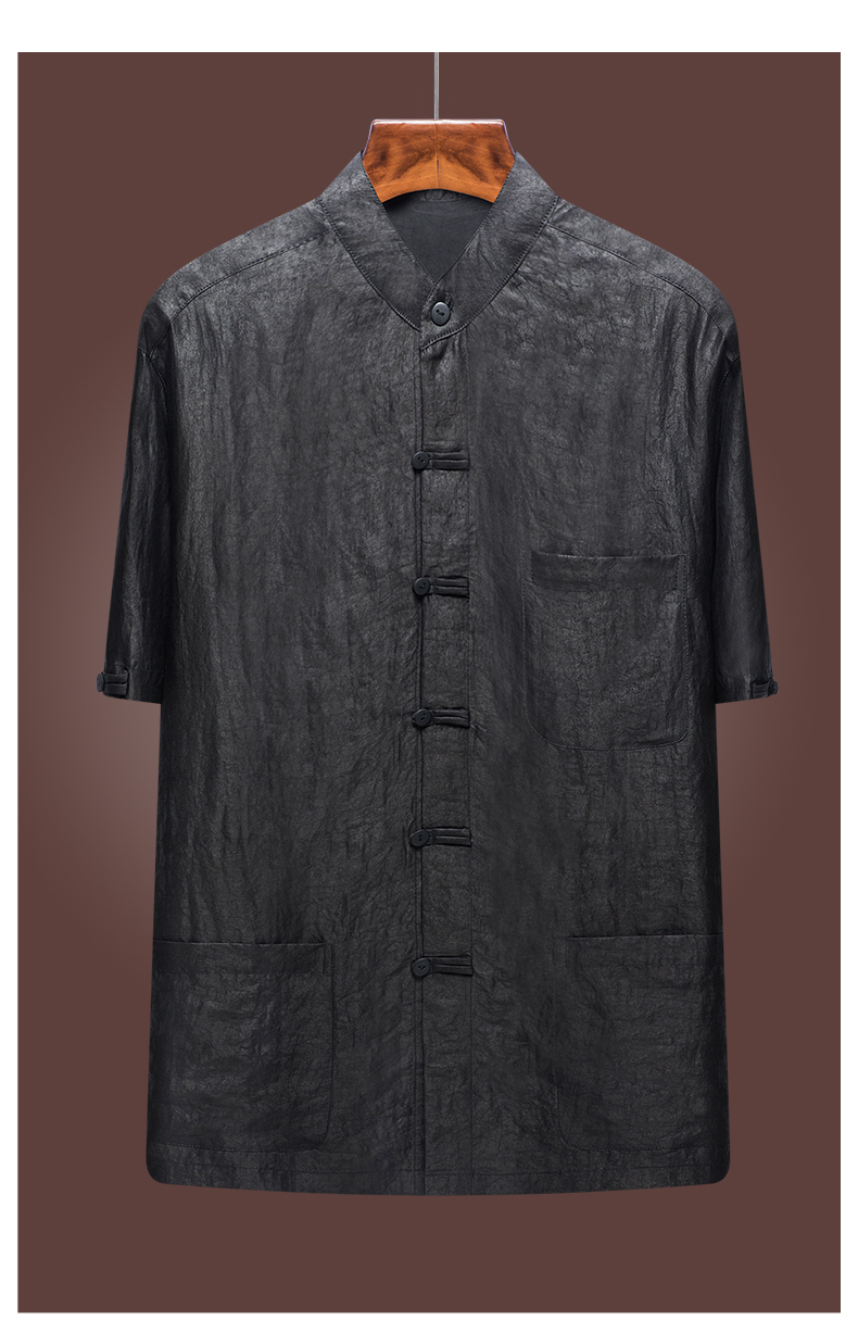 香云纱唐装男短袖真丝桑蚕丝绸套装佛系禅意男装喝茶服中国风上衣