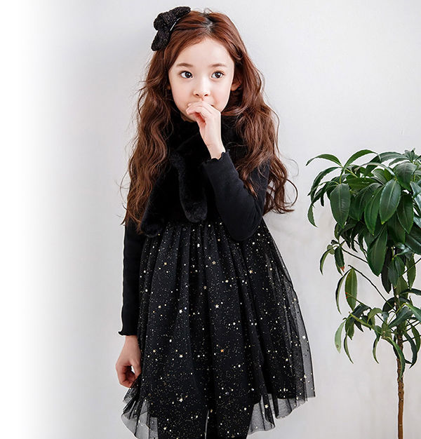 加厚连衣裙秋冬装中大童超洋气网纱公主裙韩版儿童打底裙 黑色不加绒