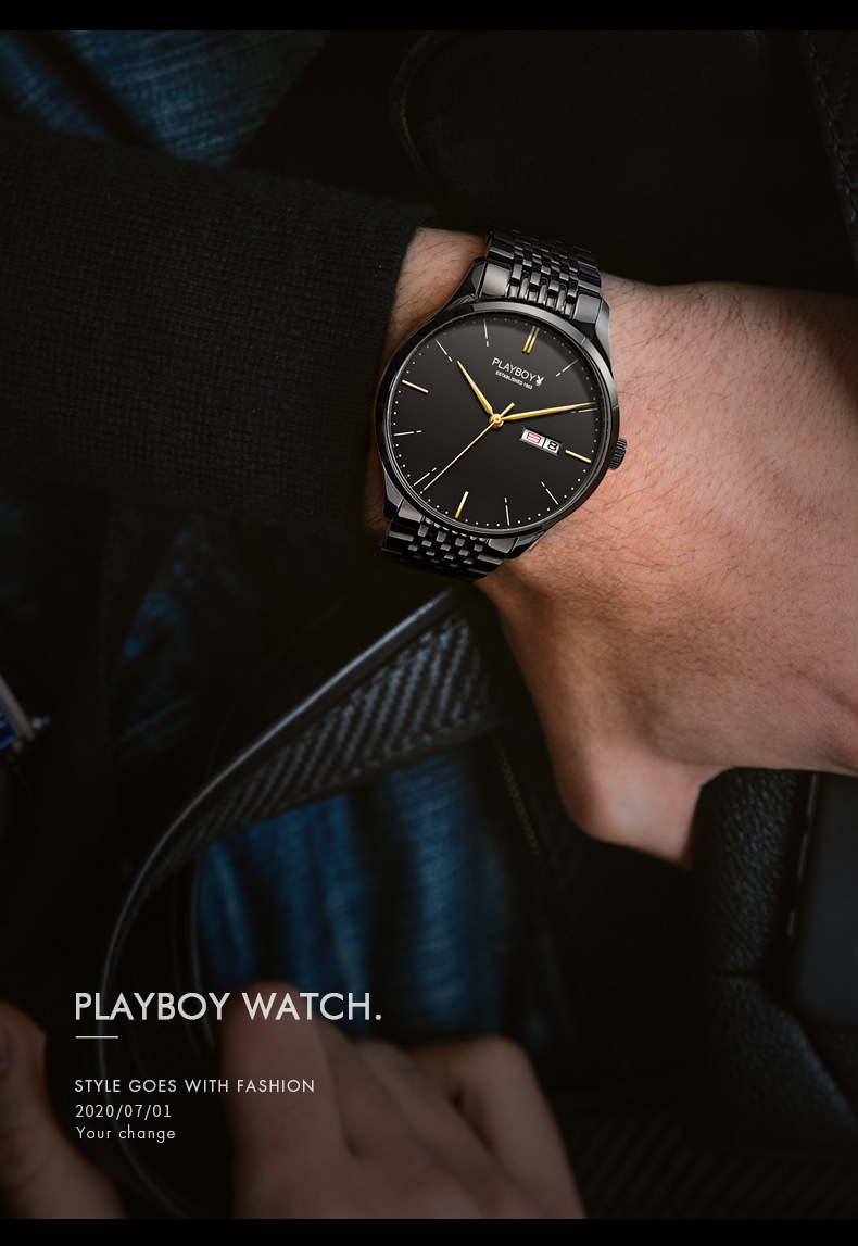 花花公子playboy手表新款欧美品牌全自动机械表男士商务正品精钢带