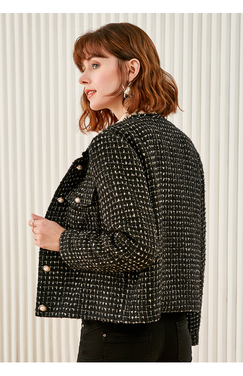 欧莎黑色格子小香风粗花呢外套女短款2019新款秋冬季加厚百搭时尚