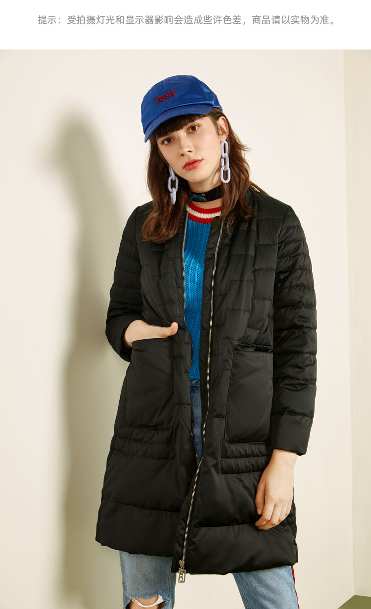 艾莱依2019秋冬新款简约轻薄修身中长款羽绒服女大衣